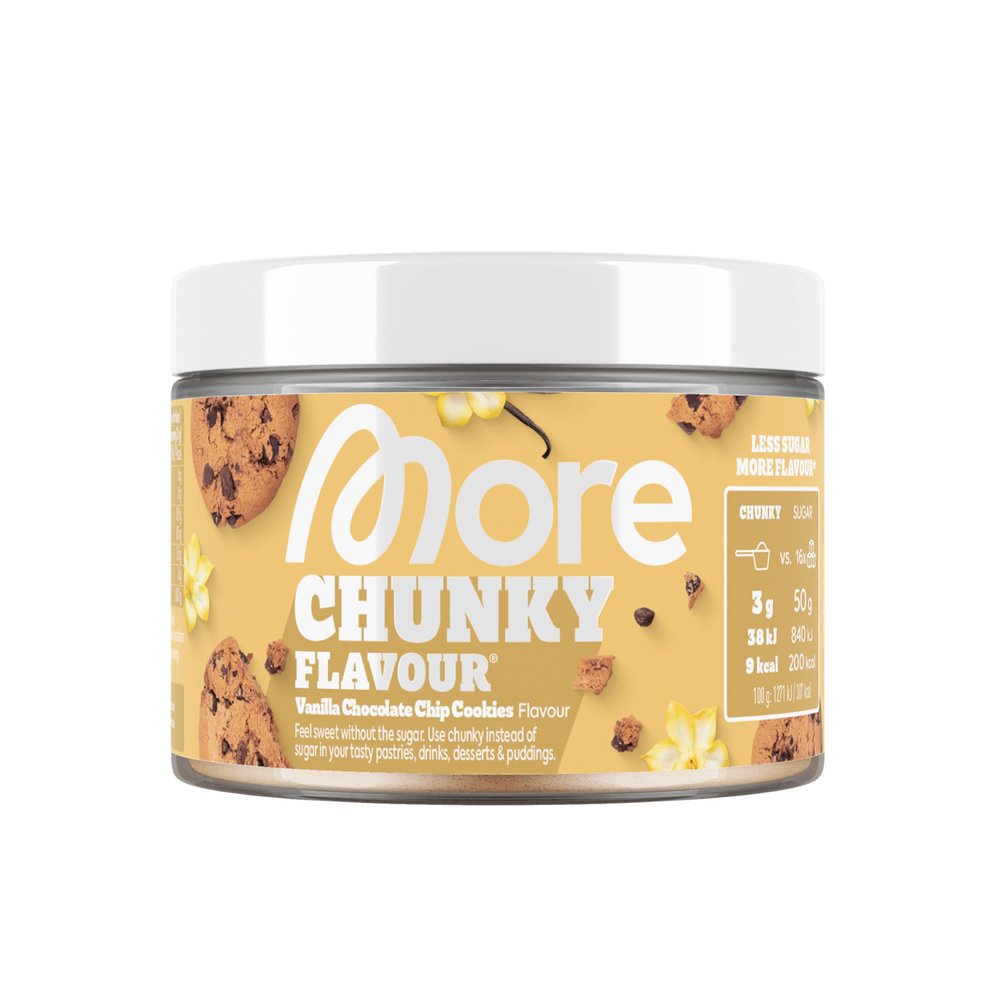 MORE Chunky Flavour, Vanilla Chocolate Chip Cookies, 150 g, flavour powder for sweetening, low in sugar and calories, with inulin and lactase made in Germany