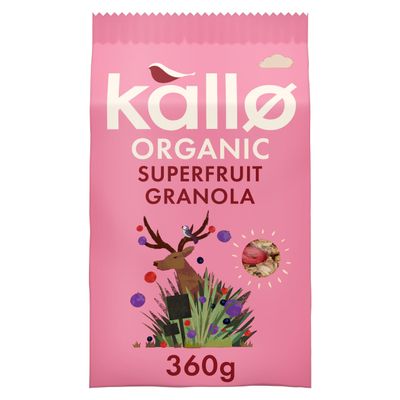 Kallo Crunchy Superfruit Granola, 360g Organic, Vegan and Vegetarian Friendly, High-Fibre, Wholegrain Breakfast with Cranberries, Blackcurrants and Blueberries