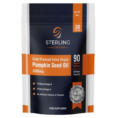 Pumpkin Seed Oil Capsules - Cold Pressed Extra Virgin, 90 Vegan Softgels (30 Days) | High Strength 3000mg with Omega 6 & 9 for Prostate, Urinary, Hair & Heart Support | STERLING NUTRITION