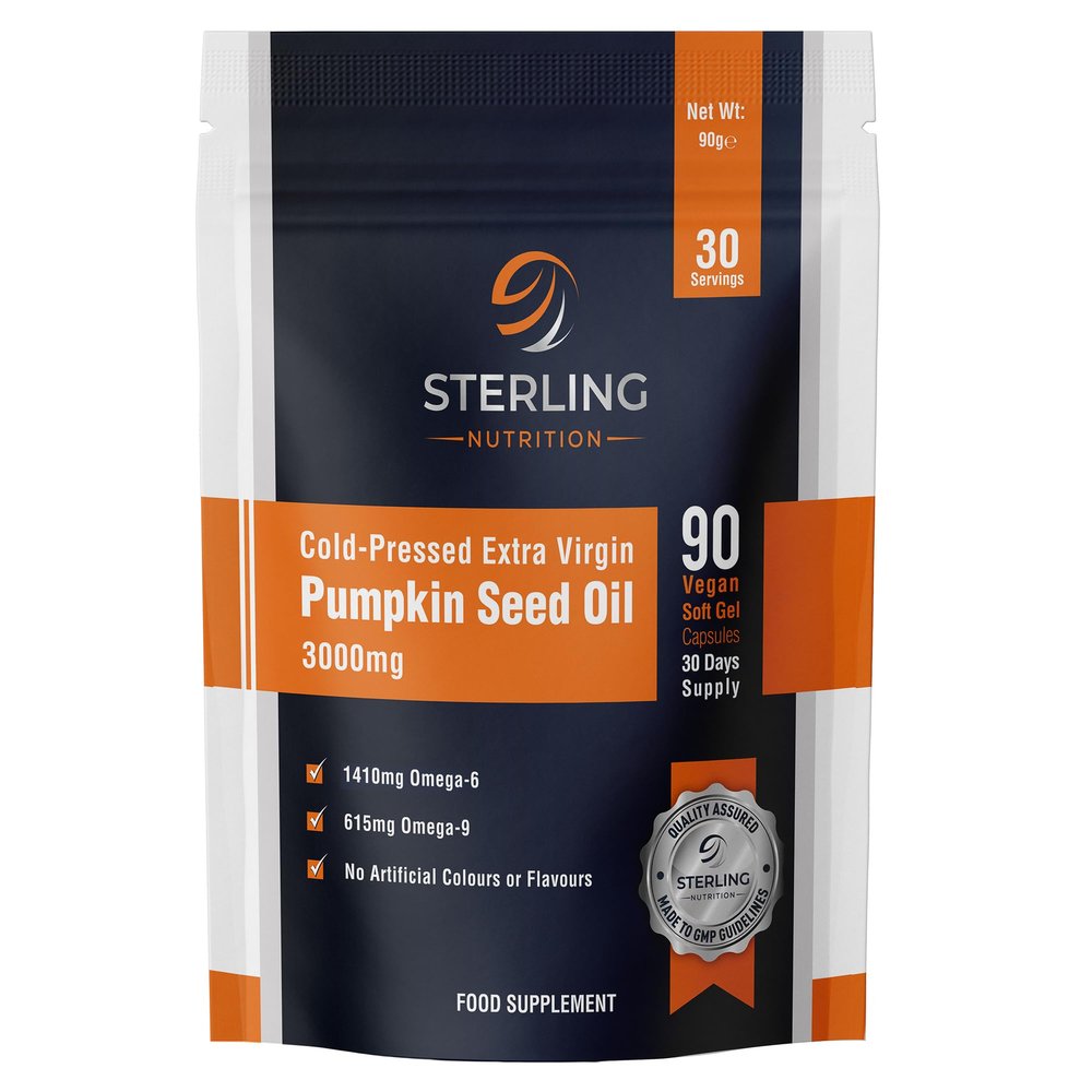 Pumpkin Seed Oil Capsules - Cold Pressed Extra Virgin, 90 Vegan Softgels (30 Days) | High Strength 3000mg with Omega 6 & 9 for Prostate, Urinary, Hair & Heart Support | STERLING NUTRITION