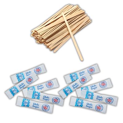 200 White Sugar Sticks & 100 Wooden Coffee Stirrers, Disposable & Eco-Friendly 140mm Silverspoon Sugar Sachets, Granulated Sugar, Stirring Sticks for Hot Drinks Espresso Yourself