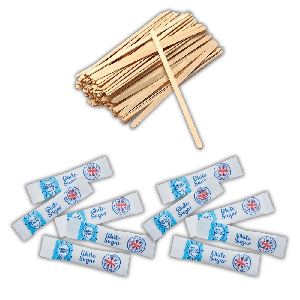 200 White Sugar Sticks & 100 Wooden Coffee Stirrers, Disposable & Eco-Friendly 140mm Silverspoon Sugar Sachets, Granulated Sugar, Stirring Sticks for Hot Drinks Espresso Yourself
