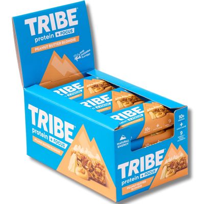 TRIBE Protein + Focus Flapjack Bars - Peanut Butter Blondie (12 x 60g) | Vegan Protein Bar | Lion's Mane, Ginseng + 9 Nutrients For Clarity & Natural Energy | High Fibre, Gluten Free Healthy Snack