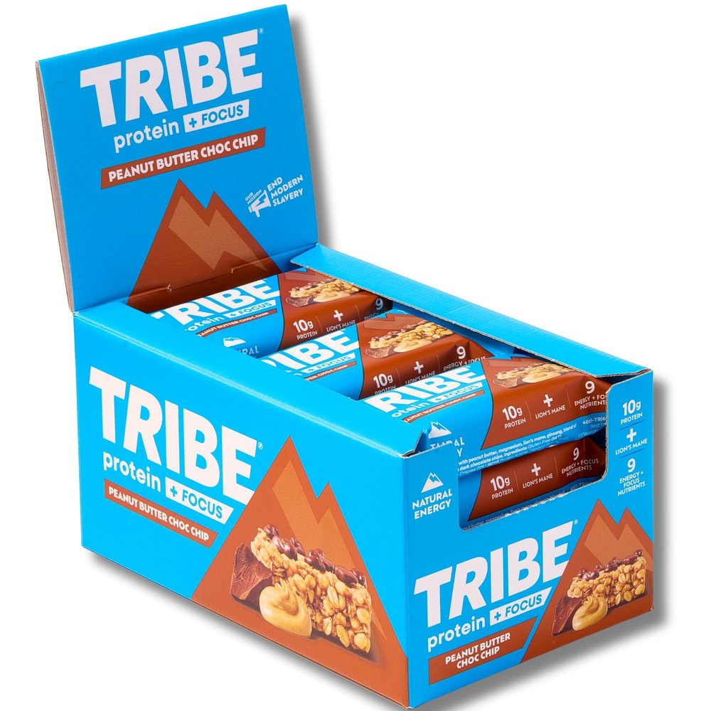 TRIBE Protein + Focus Flapjack Bars - Peanut Butter Choc Chip (12 x 60g) | Vegan Protein Bar | Lion's Mane, Ginseng + 9 Nutrients For Clarity & Natural Energy | High Fibre, Gluten Free Healthy Snack