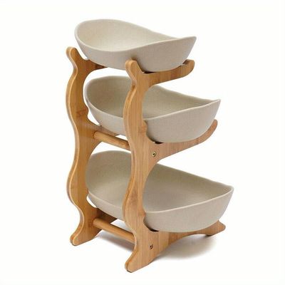 SYJYM Fruit Bowl Kitchen Counter 3-Tier Ceramic Serving Bowls with Bambo Stand Porcelain Fruit Basket Cake Tray Plate Rack