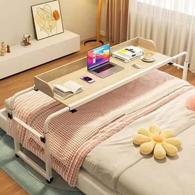 Over Bed Desk Height Adjustable 65-95cmOverbed Mobile Computer Desk With Desktop Baffle Medical Table With Wheels Stretchable Lazy Design Standing Workstation Food Tray(Color:Wood)