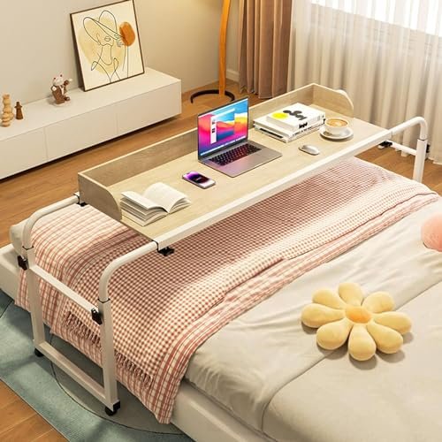Over Bed Desk Height Adjustable 65-95cmOverbed Mobile Computer Desk With Desktop Baffle Medical Table With Wheels Stretchable Lazy Design Standing Workstation Food Tray(Color:Wood)