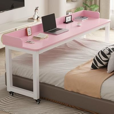 Over Bed Table with Wheels - Mobile Bed Tables Overbed Tables - Overbed Table Desk - Bed Table on Wheels for Hospital Computer Laptop Work Medical Home, 16mm Thickened Tabletop(Pink,170x50x8
