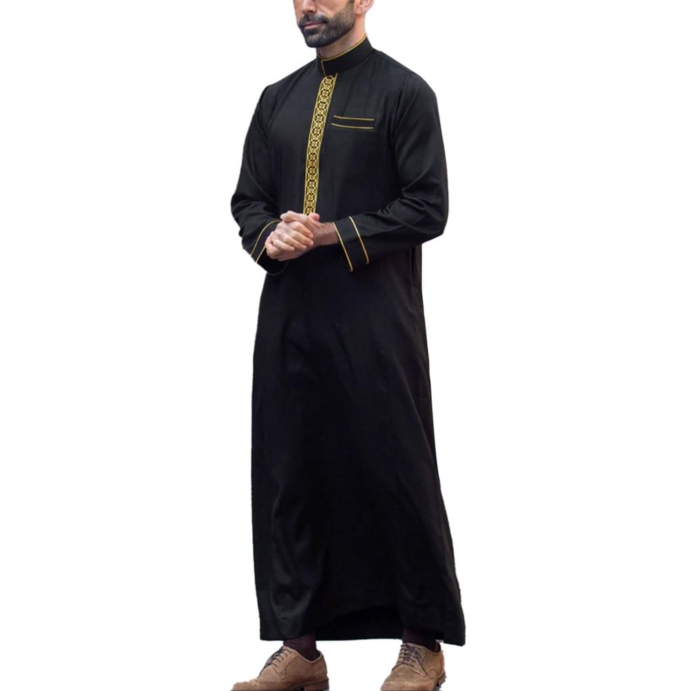 Foweknow Arabic Clothing Men's Muslim Kaftan Stand-Up Collar Embroidery Thobe Islamic Clothing Prayer Clothing for Men Abaya Robe Royalty Dubai Robe African Retro Dashiki Shirt, black, L
