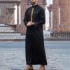 Foweknow Arabic Clothing Men's Muslim Kaftan Stand-Up Collar Embroidery Thobe Islamic Clothing Prayer Clothing for Men Abaya Robe Royalty Dubai Robe African Retro Dashiki Shirt, black, L view 2