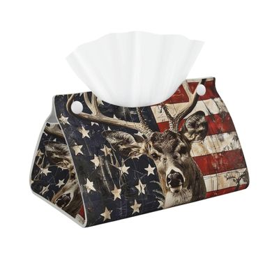 Americana Flag Deer Printed Long Tissue Box Cover Leather Modern Tissue Case Tissue Box Holder for Home Office Decor Bathroom Car