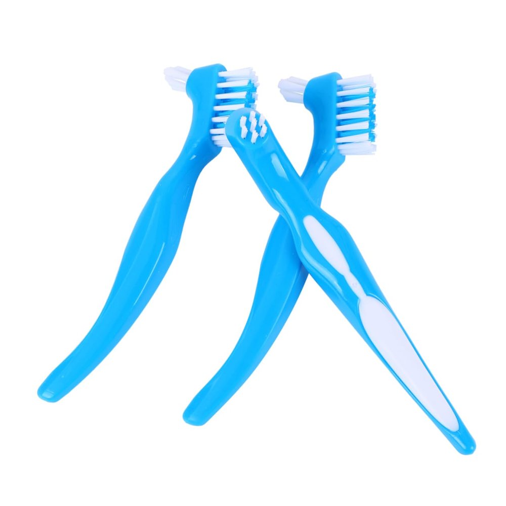 Healeved 3pcs Double-Headed Denture Toothbrush Set with Anti-Slip Handle, Sturdy Bristles False Teeth Cleaner for Home Use, Portable Denture Cleaning Brush Suitable for Daily Oral Care