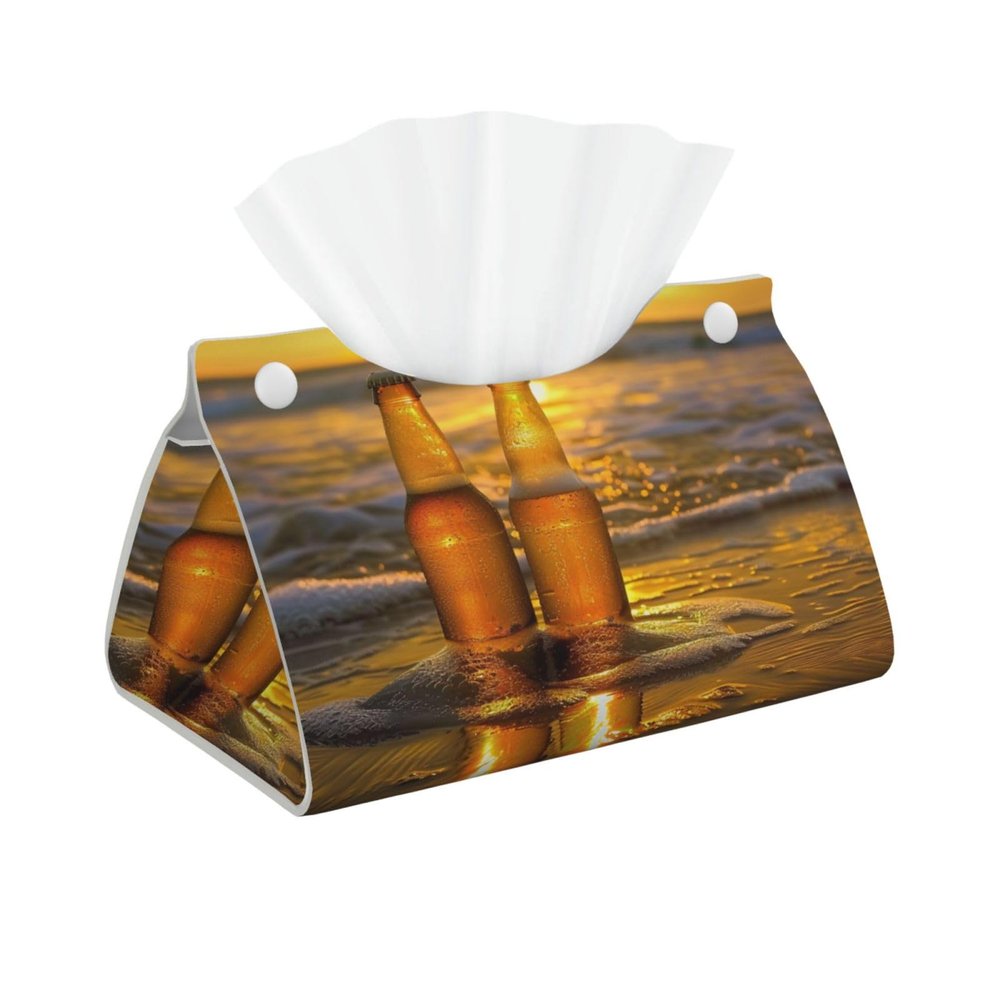 Bottles Beer Beach Sunset Time Printed Long Tissue Box Cover Leather Modern Tissue Case Tissue Box Holder for Home Office Decor Bathroom Car