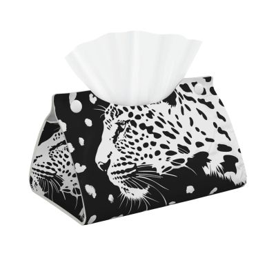 Black Leopard Print Printed Long Tissue Box Cover Leather Modern Tissue Case Tissue Box Holder for Home Office Decor Bathroom Car