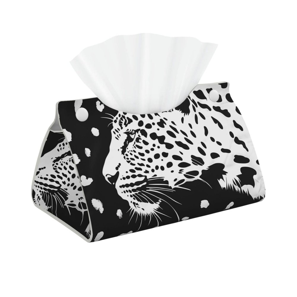 Black Leopard Print Printed Long Tissue Box Cover Leather Modern Tissue Case Tissue Box Holder for Home Office Decor Bathroom Car