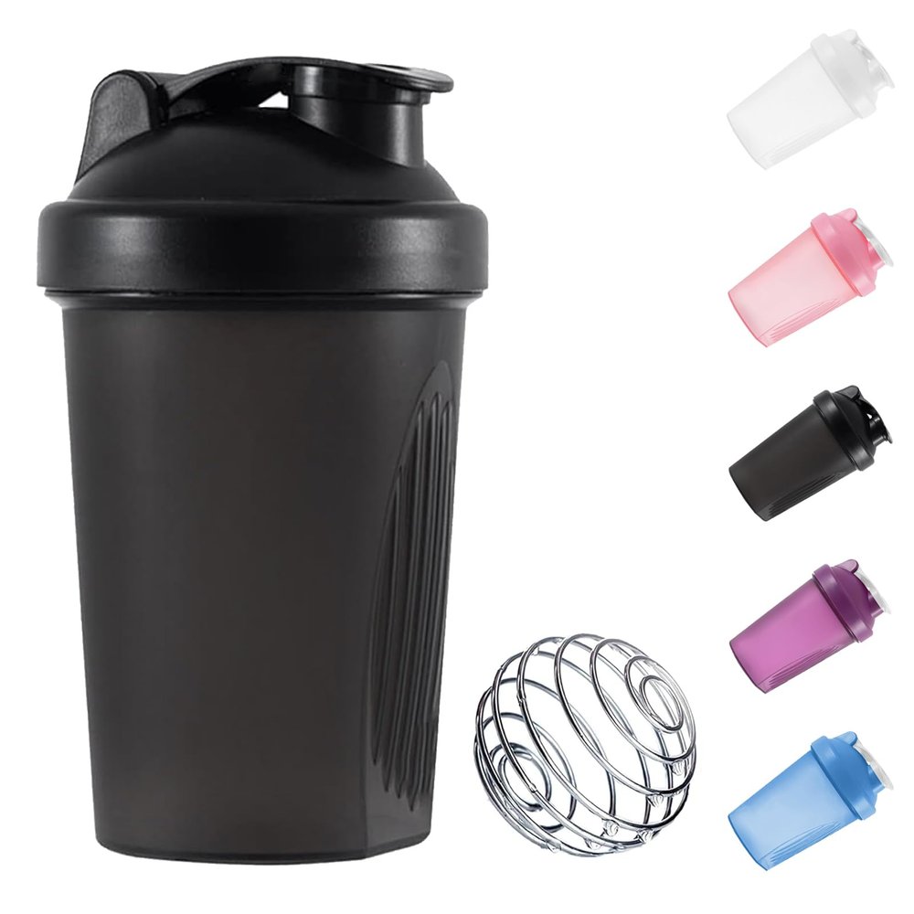 huipinghu Protein Shaker Bottle 400ml with Stainless Steel Mixing Ball, Leakproof Flip On Lid, BPA- and DEHP- free, Odourless, Dishwasher Safe, Temperature Safe (Black)