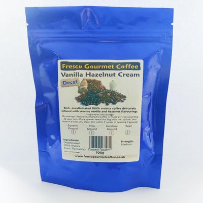 Decaffeinated Flavoured Coffee Bean - Vanilla Hazelnut Cream Ground for Espresso Coffee Maker 100g