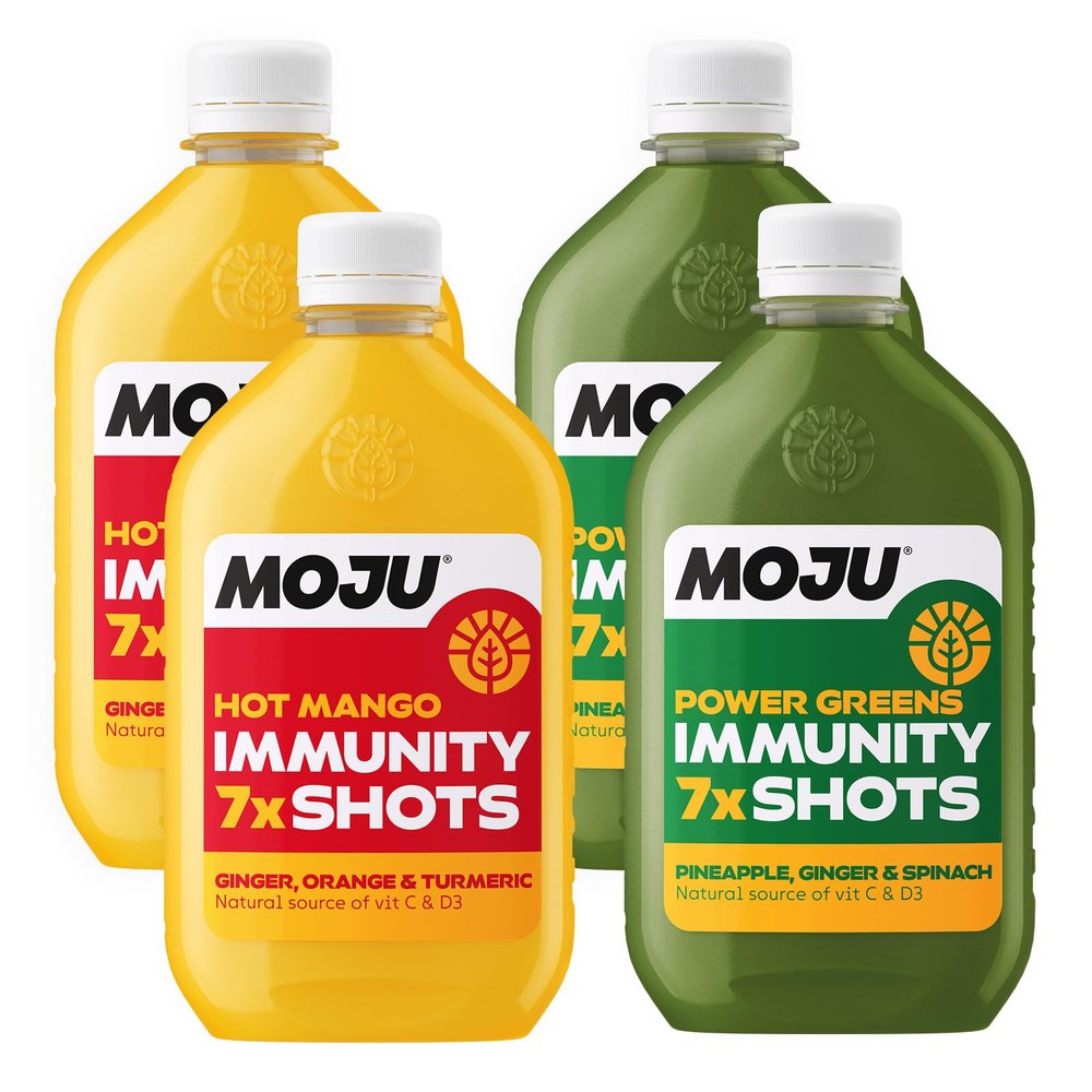 MOJU 2x Hot Mango, 2x Power Greens Dosing Bottles (4 x 420ml) 7+ Shots per Bottle, Immune Support, Natural Ingredients, No Added Sugars or Sweeteners, Immunity Mix, Vegan