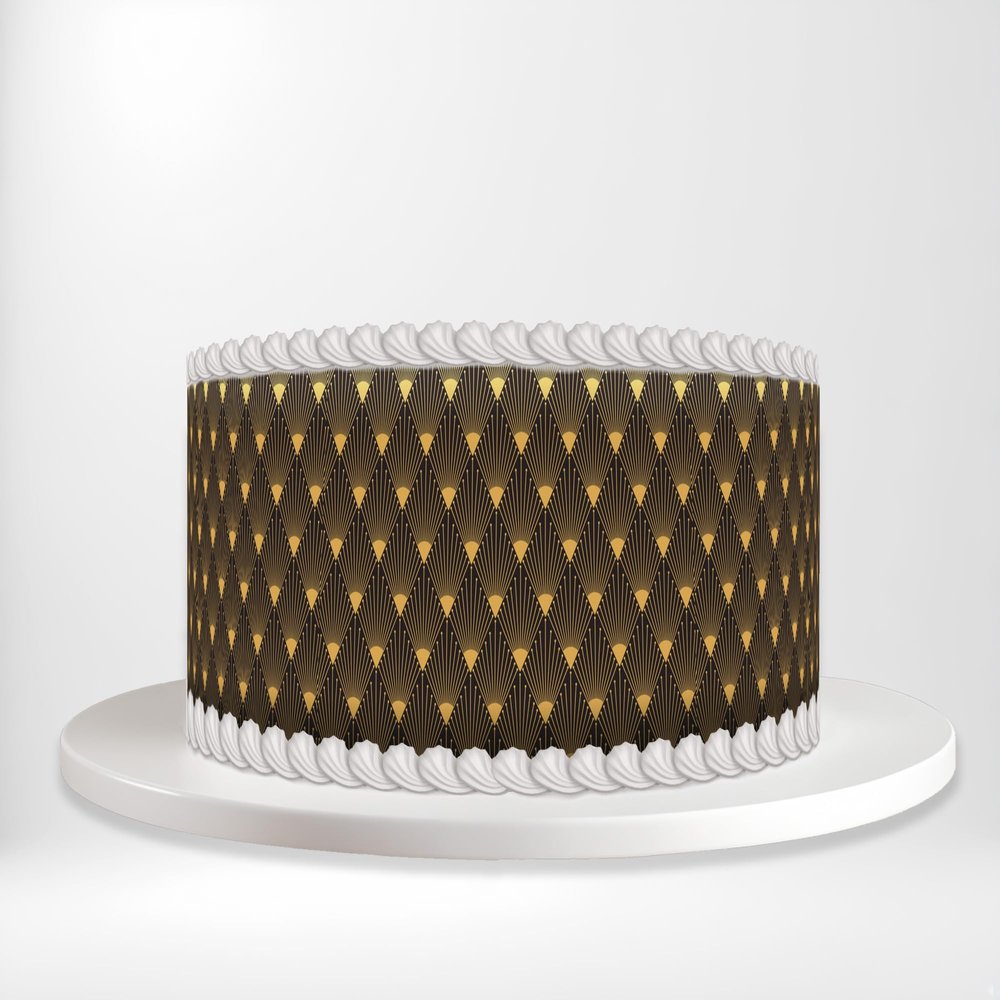 Double Black and Gold Art Deco Geometric Shapes Luxury Elegant Wrap Around Print A4 Edible Paper Icing Sheet Cake Topper Side Ribbon Border Decor for Personalised Themed Decorations