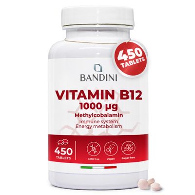 Bandini Vitamin B12 450 Tablets (+1 Year Supply) 1000mcg Vegan Methylcobalamin 1 Easy-to-Swallow Tablet per Day VIT B 12 for the Immune System, Energy Metabolism, Physical & Mental Fatigue