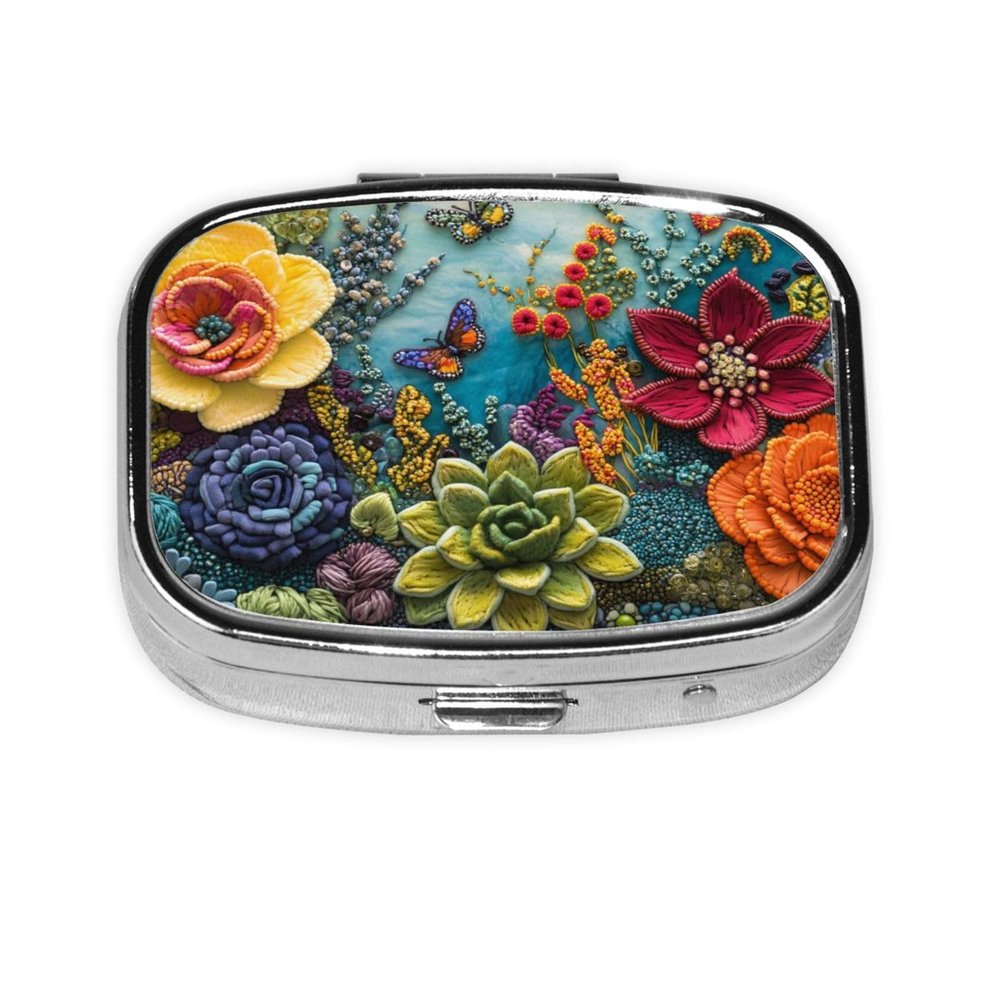 2-Compartment Mini Pill Case, Embroidered Flowers Retro Pocket-Sized Medicine Organizer for Travel