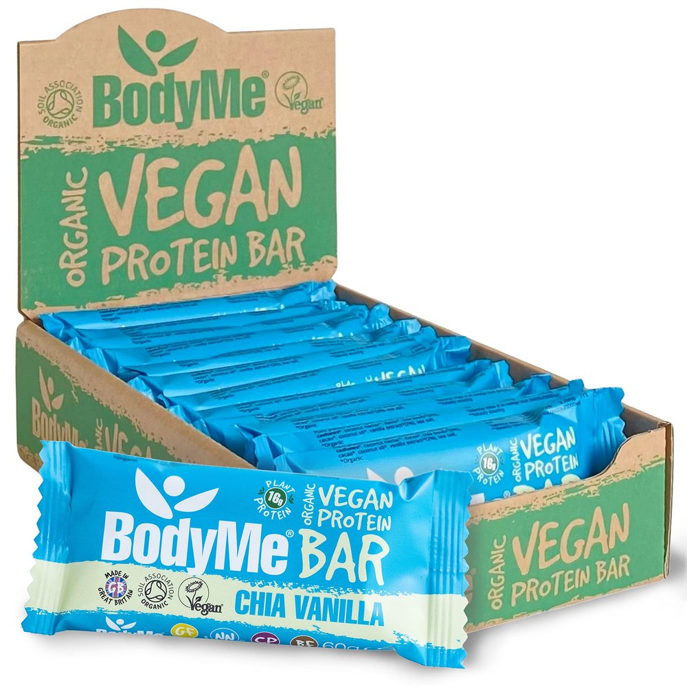 BodyMe Organic Vegan Protein Bar | Raw Chia Vanilla | 12 x 60g Protein Snack Bars | Gluten Free | 16g Complete Protein | 3 Plant Proteins with All Essential Amino Acids | High Protein Vegan Snacks