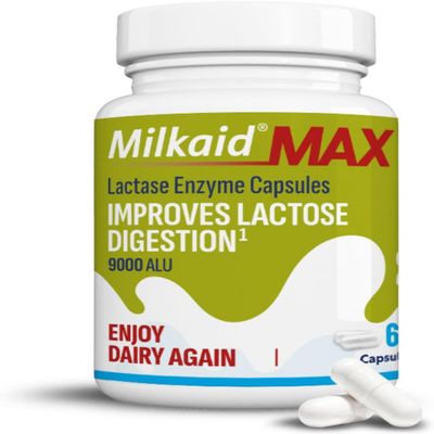 Milkaid Max Lactase Enzyme Capsule for Lactose Intolerance Relief | Prevents Wind, Bloating & Diarrhoea | Fast Acting Dairy Digestive Supplement | Gluten Free & Vegan | 60 Capsules