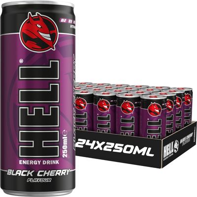 Energy Drink | 32 mg/100 ml Caffeine | Vitamins B3, B5, B6, B12 | No Preservatives | Environmentally Friendly Packaging | 24 cans 250ml each| Compatible with HELL Energy (250ML, HELL BLACK CHERRY)