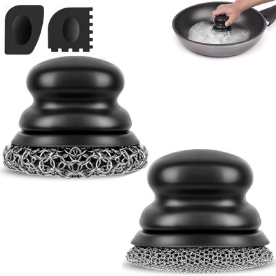 Onewly Cast Iron Scrubber (1Pack Black Coarse Mesh + 1Pack Black Fine Mesh) and and Scraper, Chain Mail Scrubber for Cleaning Stock Pots, Pans, Griddles, Grills, Cast Iron Skillets, Dish Scouring Pads