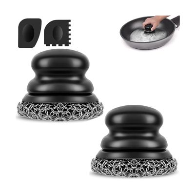 Onewly Cast Iron Scrubber (2 Black Coarse Mesh) and and Scraper, Chain Mail Scrubber for Cleaning Stock Pots, Pans, Griddles, Grills, Cast Iron Skillets, Dish Scouring Pads