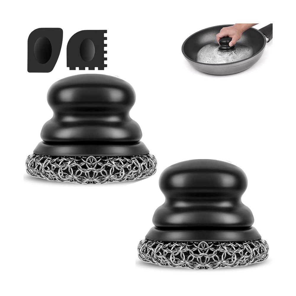 Onewly Cast Iron Scrubber (2 Black Coarse Mesh) and and Scraper, Chain Mail Scrubber for Cleaning Stock Pots, Pans, Griddles, Grills, Cast Iron Skillets, Dish Scouring Pads