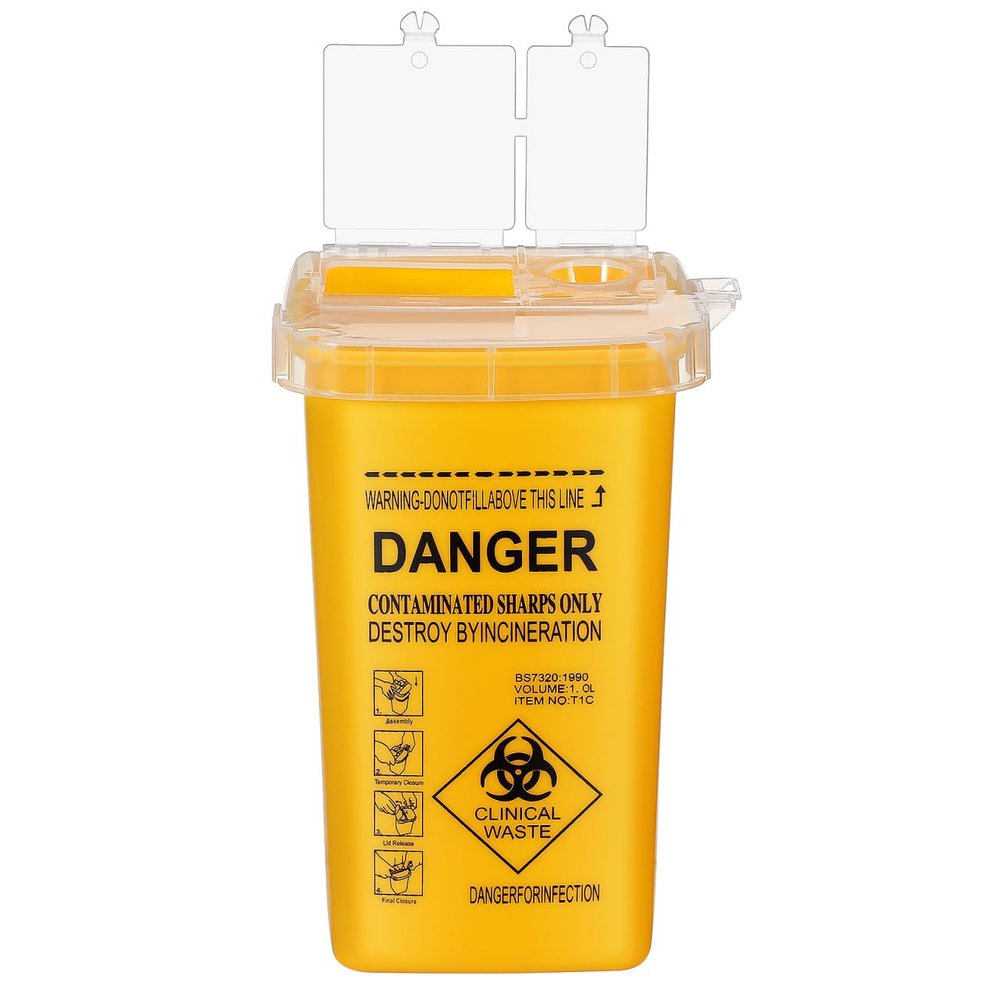 ULTECHNOVO Sharps Container 1L Needle Disposal Bin with Locking Lid, Portable Sharps Box for Waste Blades & Used Needles, Small Yellow Travel Disposal Bin for Home, Tattoo & Professional Use