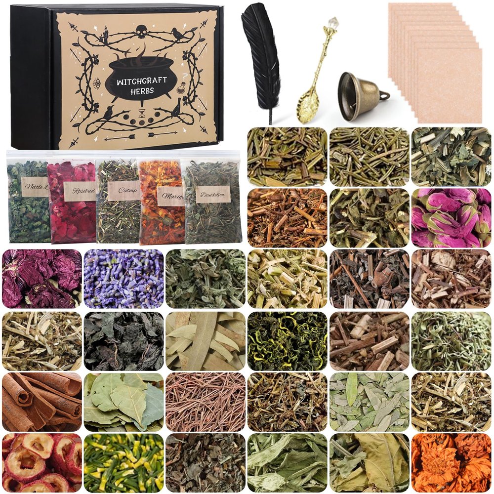 HNSHAG Witchcraft Spells Kit with 30 Pieces Herbs, Witchcraft Supplies, Bulk Dried Herb Flowers for Wiccan Rituals, Pagans, Natural Healing Herbs with Spoon, Bell, Set