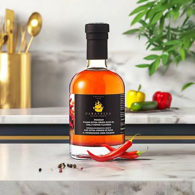 Caravella Fine Food Chili Flavored Extra Virgin Olive Oil Condiment 250ml Metabolism Boost Low Acidity Rich in Vitamin E & Antioxidants -100% Italian Perfect for Drizzling Cooking Dressing BBQ