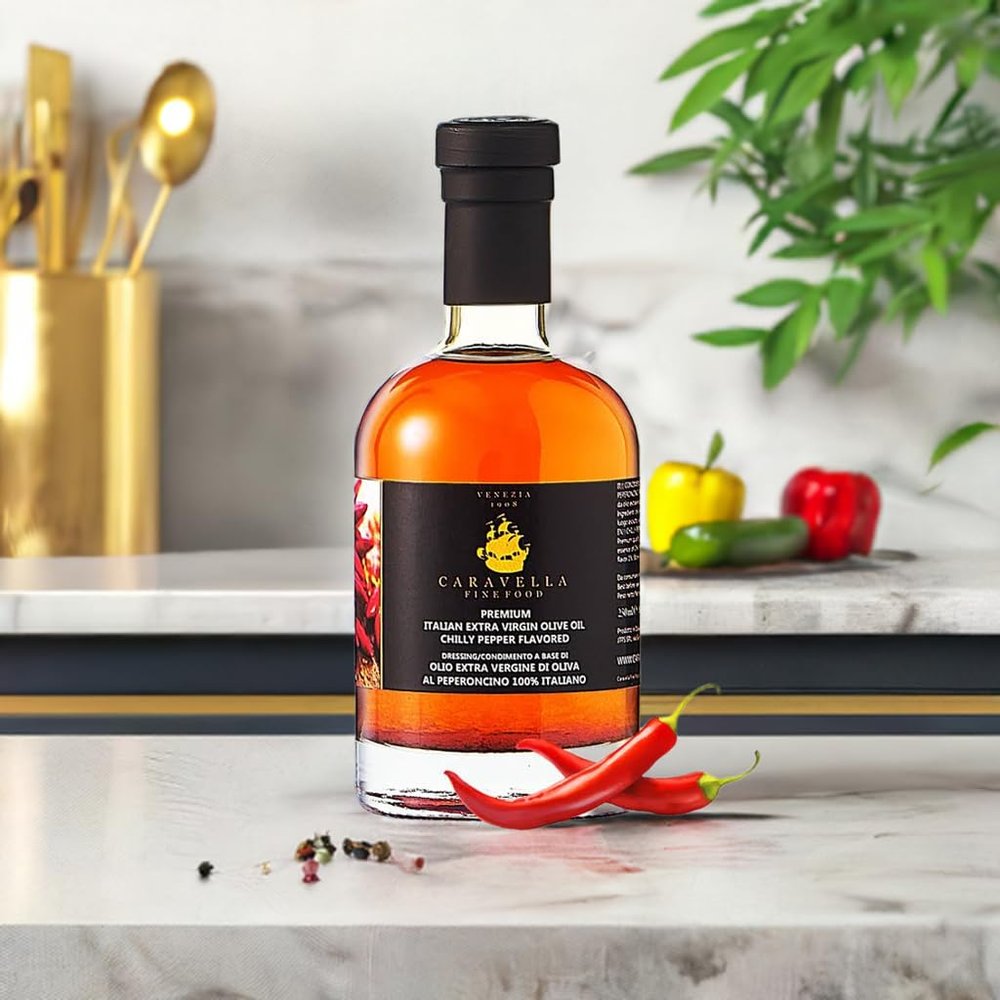 Caravella Fine Food Chili Flavored Extra Virgin Olive Oil Condiment 250ml Metabolism Boost Low Acidity Rich in Vitamin E & Antioxidants -100% Italian Perfect for Drizzling Cooking Dressing BBQ