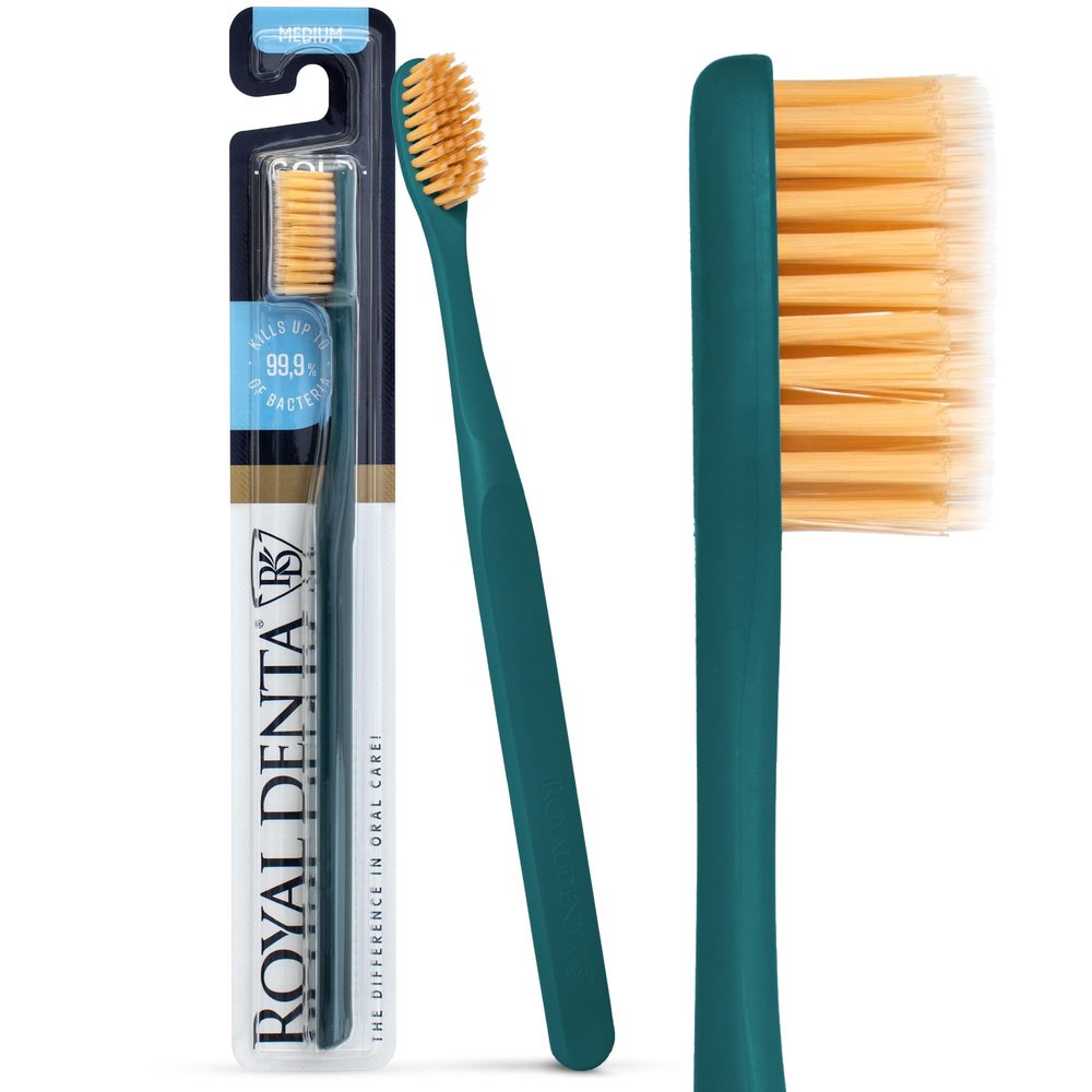 Royal Denta Manual Toothbrush, Medium Hard Firm Bristles for Adults, Dual Length Gold Infused Plaque Removing Tooth Brush, Soft on Gums & Teeth, Made in Korea (Teal)