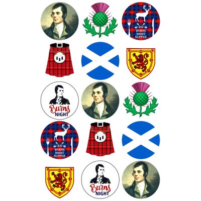 15 x Burns Night Party Pack Edible Wafer or Icing Cupcake Toppers Scotland Party Cake Decorations Perfect For Brownies Cookies Muffins & More! (Premium Icing Sheet)