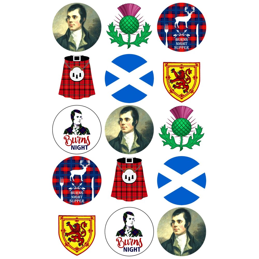 15 x Burns Night Party Pack Edible Wafer or Icing Cupcake Toppers Scotland Party Cake Decorations Perfect For Brownies Cookies Muffins & More! (Premium Icing Sheet)