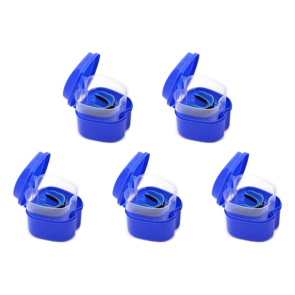 ISKDJBJG 5X Dark Blue Denture Case, Denture Cup with Strainer, Denture Bath Box False Teeth Box with Basket Net Container Holder