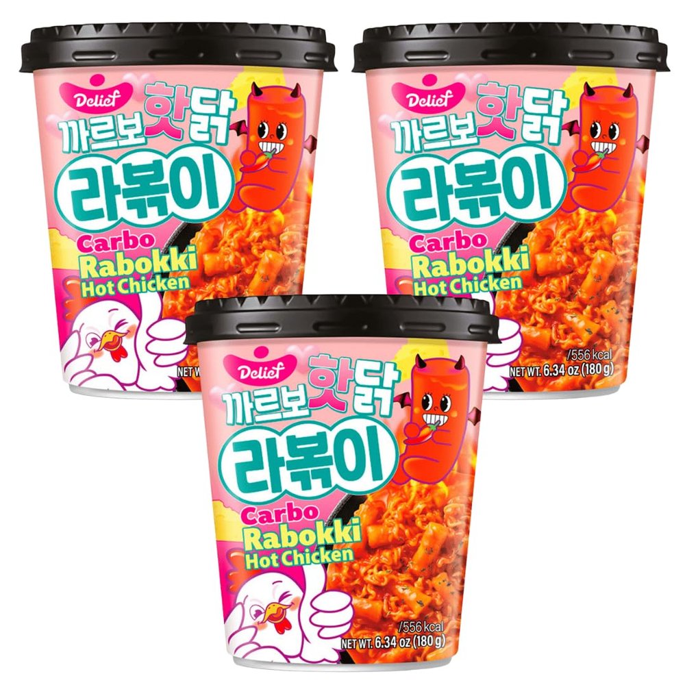 Delief Korean Instant Cup Rabokki Spicy Ramen & Rice Cake Tteokbokki Carbo Hot Chicken Flavour 180g Snacks (Pack of 3)
