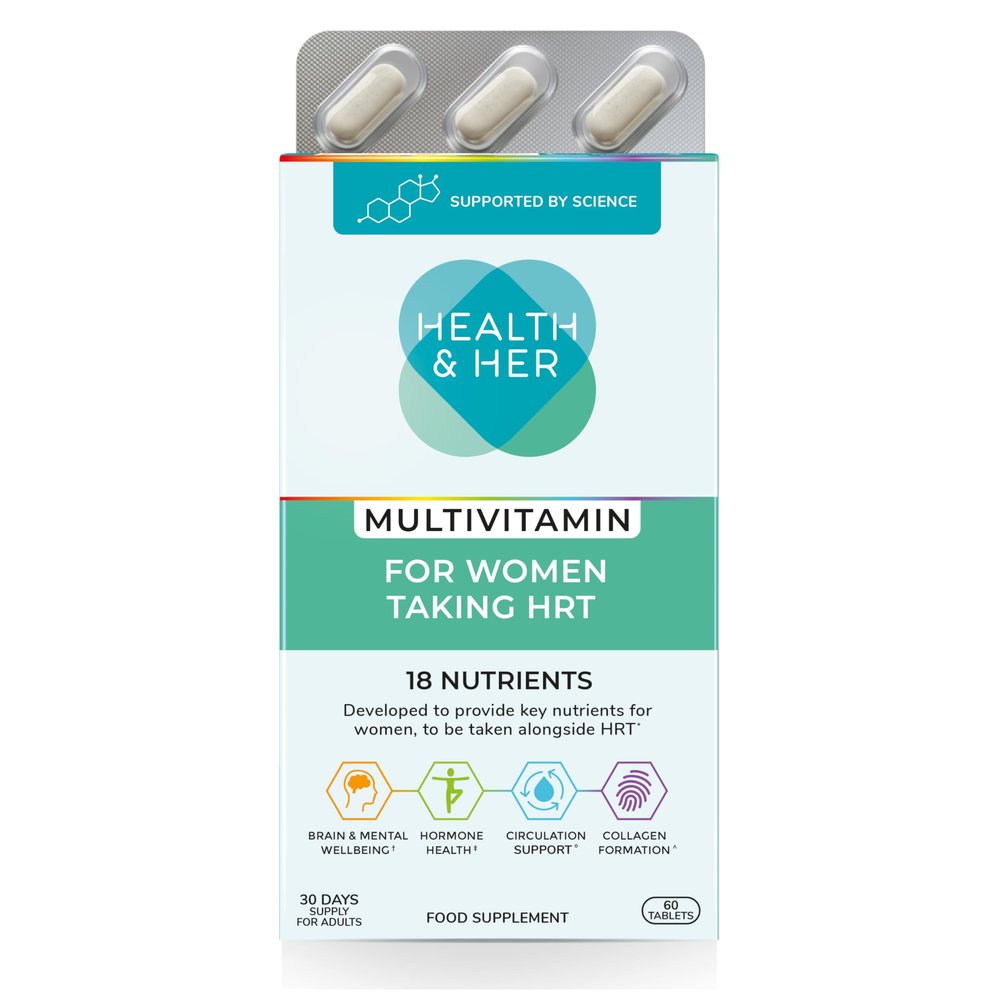 Health & Her Multivitamin Tablets for Women Taking HRT, Supplement with 18 Key Nutrients, Vegan & Gluten Free, 30-Day Supply, 60 Tablets
