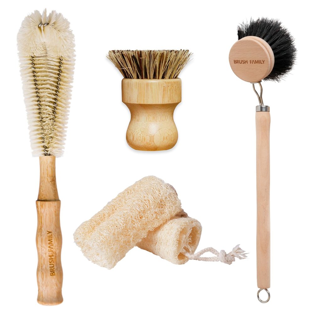 Bamboo Dish Brush Set Scrub Brushes for Cleaning Dishes Natural Dish Brush for Pan Bottle Pots Loofah Kitchen Sponge (5 PCS)