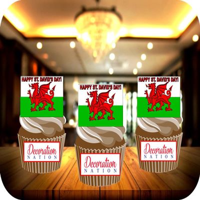 12 x St David's Day Welsh Dragon STAND UP Edible Wafer or Icing Cupcake Toppers Wales Party Cake Decorations Perfect For Brownies Cookies Muffins & More! (Edible Wafer Card)