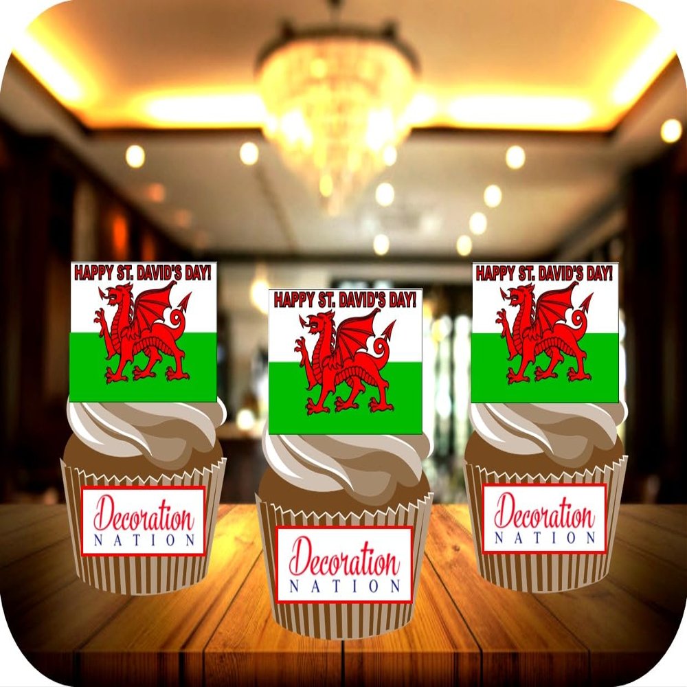 12 x St David's Day Welsh Dragon STAND UP Edible Wafer or Icing Cupcake Toppers Wales Party Cake Decorations Perfect For Brownies Cookies Muffins & More! (Edible Wafer Card)