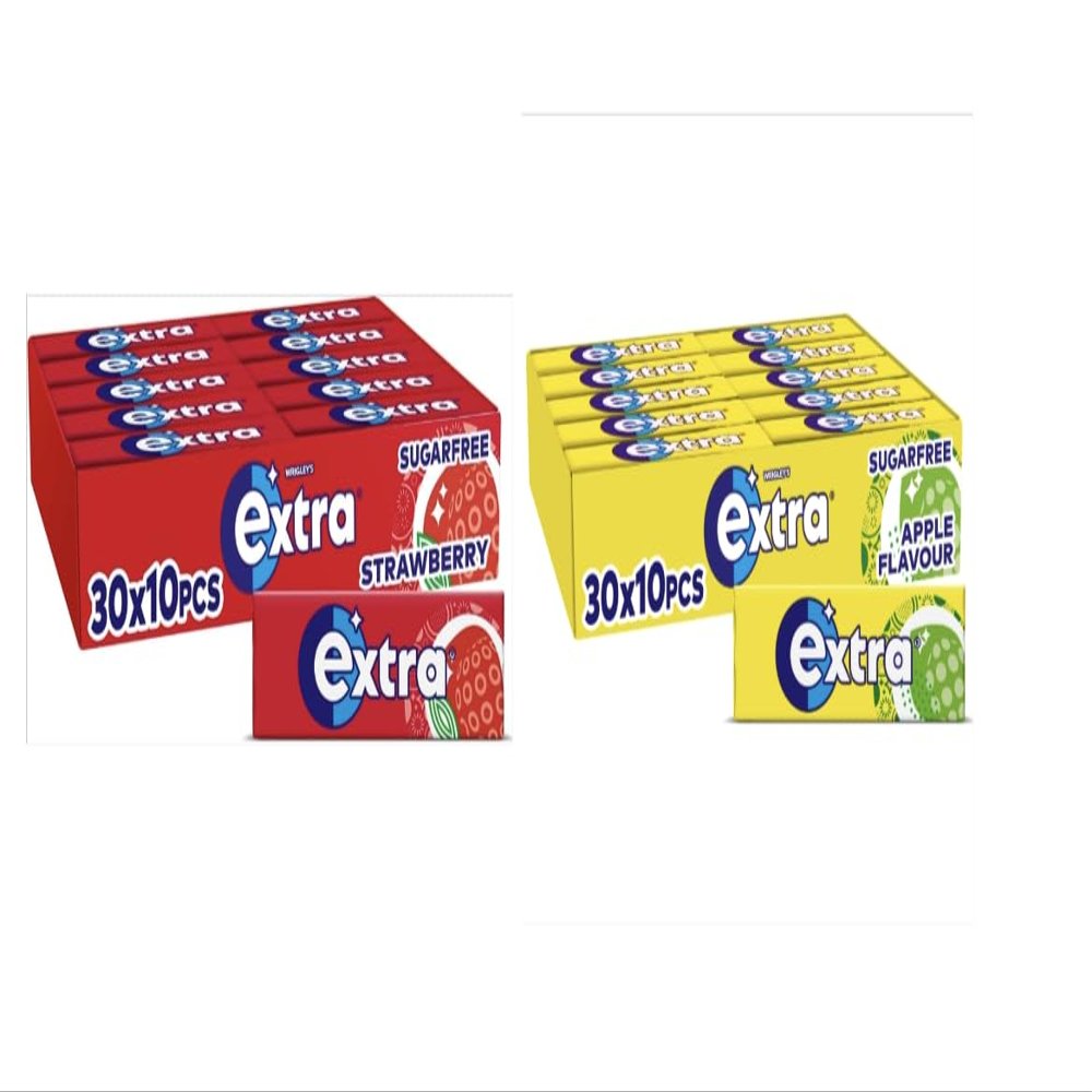 Extra Chewing Gum - 2 Cases with 30 Packs of 10 Pieces (600 Total) - Strawberry and Apple