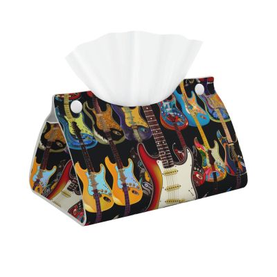 Art Guitar Pattern Printed Leather Tissue Box Cover Long Cute Tissue Box Holder Decorative Organizer for Bathroom Bedroom Office Car