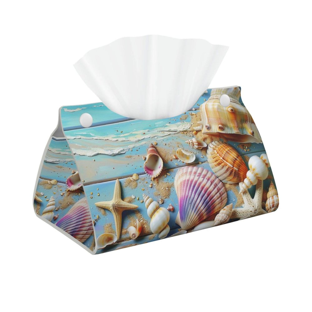 Beach Theme Seashells Printed Leather Tissue Box Cover Long Cute Tissue Box Holder Decorative Organizer for Bathroom Bedroom Office Car