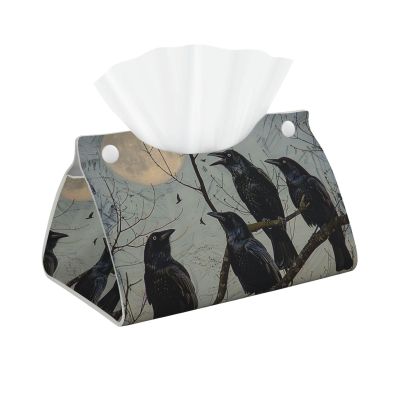 Black Crow Birds Printed Leather Tissue Box Cover Long Cute Tissue Box Holder Decorative Organizer for Bathroom Bedroom Office Car