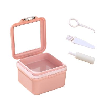 SQOYEI Portable Denture Cups for Soaking Dentures Drain Basket Cleaning Brush, Denture Bath Case Hotel Retainer Bath Universal Leak Proof(Pink)