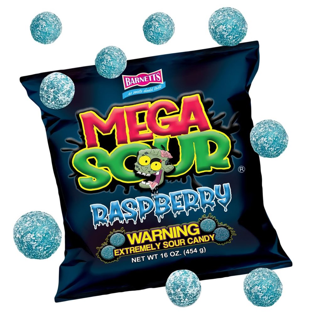 Barnetts - Mega Sour Candy Raspberry 454g - Trendy Sweet Bags - Traditionally Handmade Sweets - Sour Coating Lasts 20 Seconds - Candies for Party Bag, Gift Hamper, or Hamper Box